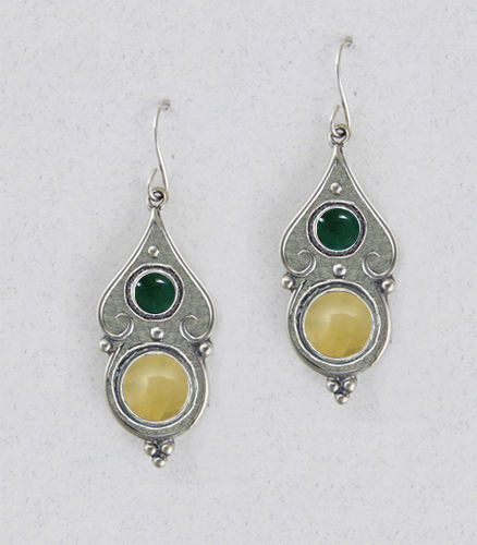 Sterling Silver Yellow Aragonite And Fluorite Gemstone Drop Dangle Earrings